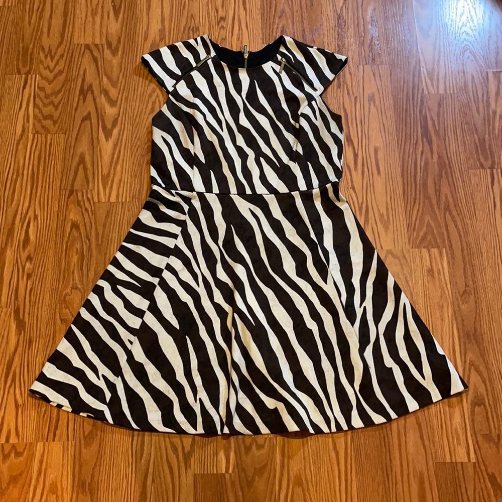 Michael Kors Brown Cream Zebra Print Dress Fit and Flare Sz. 14 Retro Classic